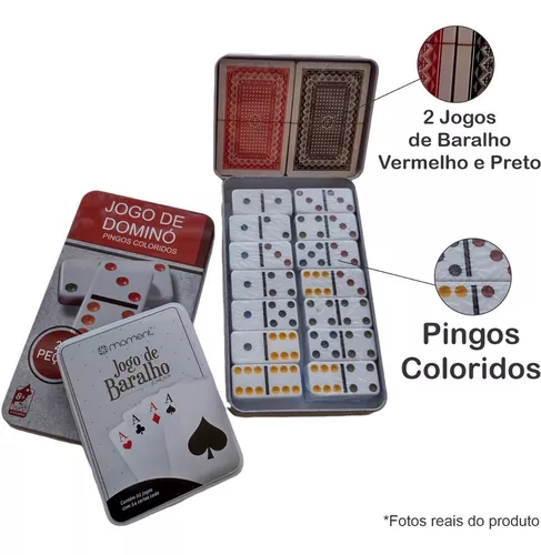 Dominó Dominoes com 28 Peças de 9mm e Estojo Lata + Baralho MB Teach com  108 Cartas