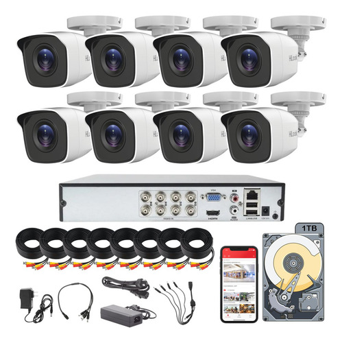 Kit Circuito Cerrado Hilook Dvr 8 Canales 8 Camaras 720p 1mp Hd Thc-b110-p Cables Coaxial 18mts + Disco Duro 1tb