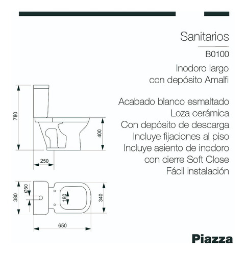 Imagen 2 de 7 de Inodoro Largo Deposito Dual Tapa C/cierre Soft Amalfi Piazza