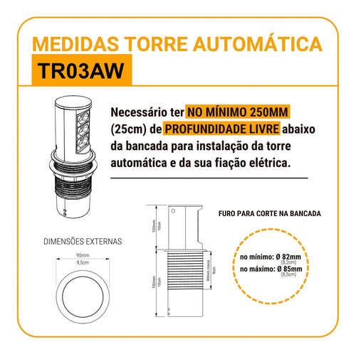 Torre Tomada Automática Indução 3 Tomadas (cabo 4mm) Tr03aw