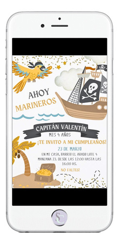 Invitación Cumpleaños Tarjeta Digital Pirata Barco Tesoro
