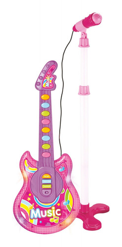 Guitarra E Microfone Infantil Som Luz Música Rosa