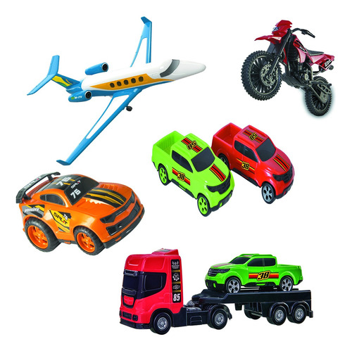 Kit Brinquedos Moto+ Pick-up+ Caminhão+ Carro Split+ Jatinho