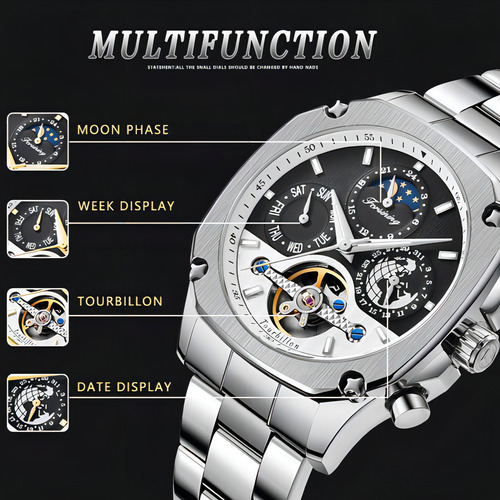 Relojes Luminosos De Fase Lunar Forsining Tourbillon Color De La Correa Silver White