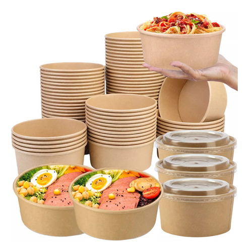 100 Bowls Kraft Contenedores Biodegradables 1000 Ml Con Tapa