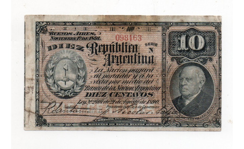Argentina Billete 10 Centavos 1891 Fraccionario Bottero 1014