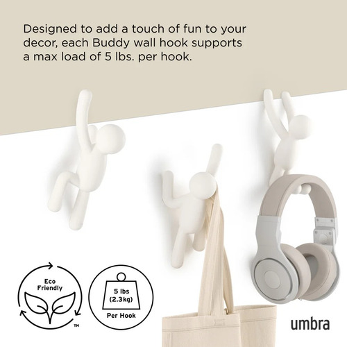 3 Ganchos Perchero De Pared Línea Buddy Umbra Originales Blanco