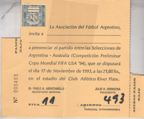 Imagen 1 de 1 de Entrada Eliminatorias Mundial 1994 - Argentina Vs Australia 