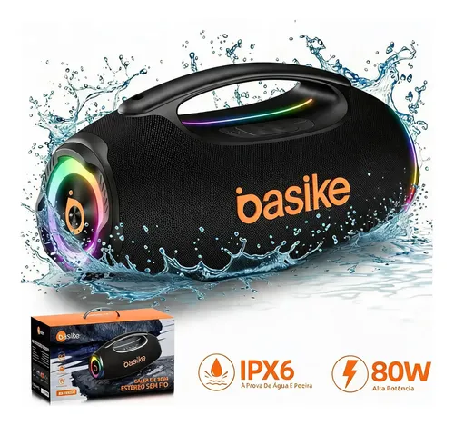 Basike Caixa De Som Hifi Boombox 80w 8000mah Ipx6 Rgb Tws Preto 5v R