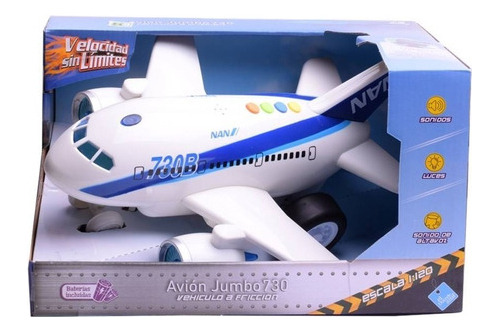 Avión A Fricción Jumbo 730 Con Luz , Sonidos Y Frases 1:12 Color Blanco/Azul
