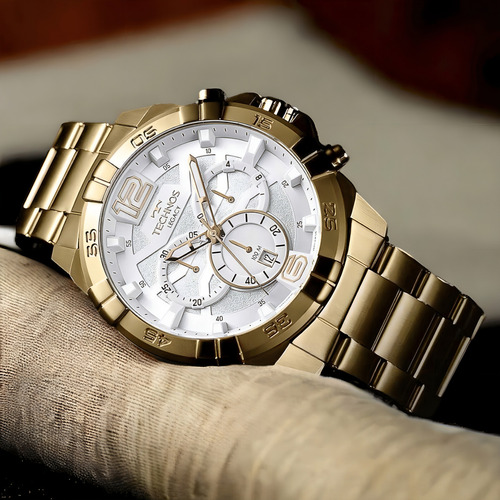 Relógio Technos Masculino Legacy Caixa Grande Js26afa/1b Correia Dourado Bisel Dourado Fundo Branco
