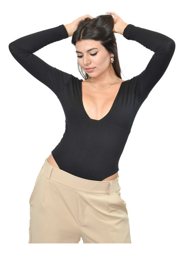 Body Manga Larga Escote Profundo Negro Lisa L