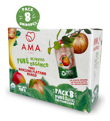 Pack 8 Purés Manzana Plátano Mango - Compota Fruta Orgánica