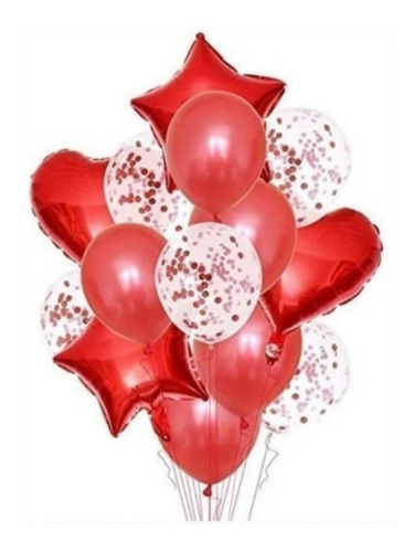 Set 14 Globos Confetis+estrellas + Corazones Color Rojo