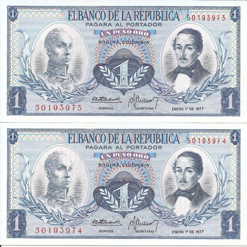 Colombia Dúo Consecutivo 1 Peso 1 Enero 1977