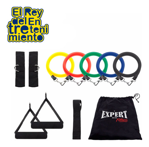 Set 5 Bandas Elástica Resistencia + Bolso +2 Handgrip El Rey