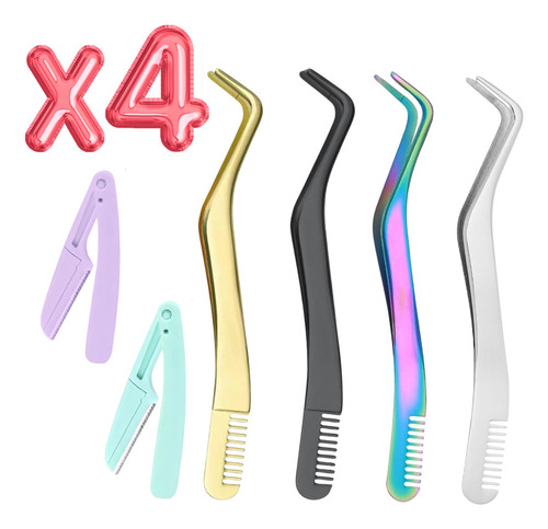 4 Pinzas Para Extensión De Pestañas + 2 Perfilador Plegable Color Paquete 2