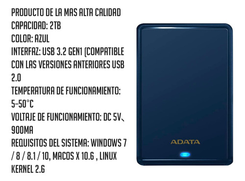 Disco Duro Externo Adata Ahv620s-2tu3 2tb Azul