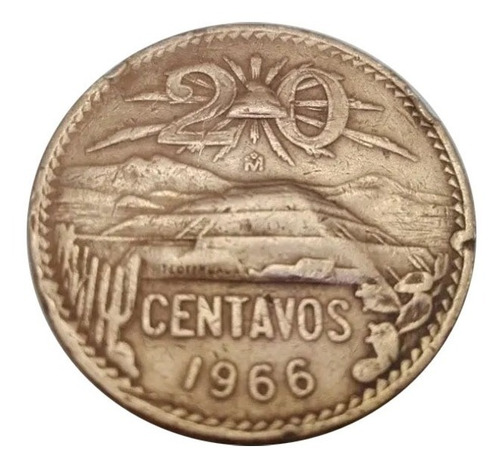 Moneda 20 Centavos Teotihuacan Aguila Gruesa Año 1966 #5