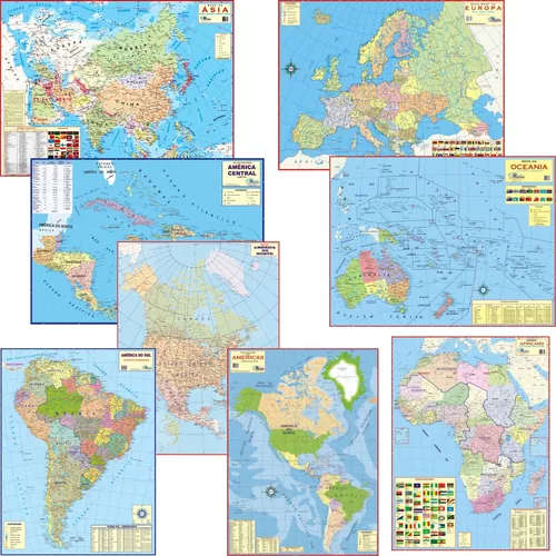 Mapas da América do Sul e Norte, Europa, EUA, Ásia