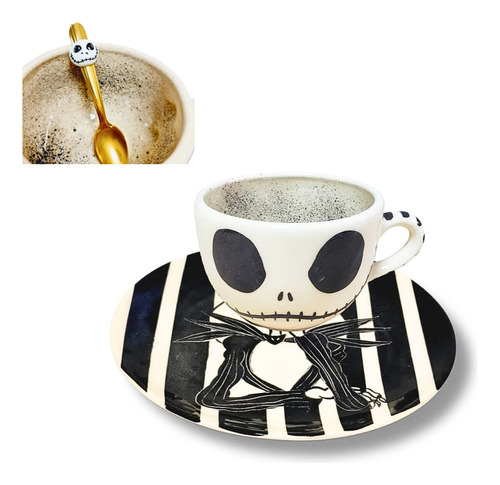 Set  Taza Con Plato Y Cuchara Jack Skellington Cerámica