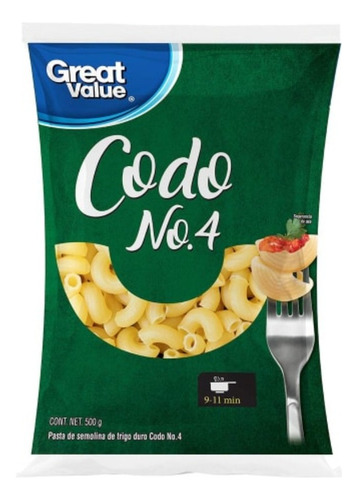 8 Pzas Pasta Great Value Codo 4, 500 G