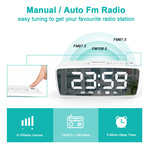 Reloj Despertador Digital, Pantalla Led Con Espejo De 5.1 Pu