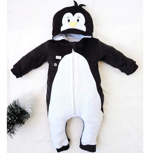 Imagem 1 de 8 de Macacão Para Bebê Pinguim Plush Com Ziper E Capuz Bichinhos