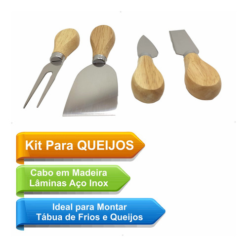 Facas Para Queijos E Frios Aço Inox Com Cabo Madeira 4 Peças