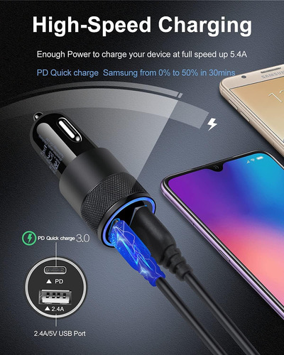 Cargador De Coche Usb C Pd 30w - Doble Puerto Usb A Y Usbc