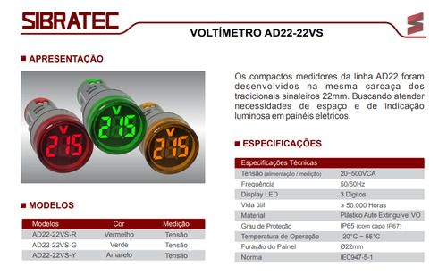 Voltimetro Digital Vermelho 22mm 20~500vca Sibratec Cod.9200