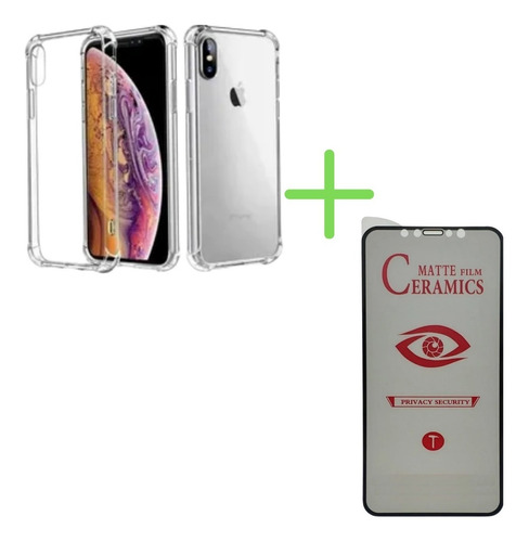 Vidrio Antiespia iPhone XS Max + Case Transparente 