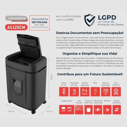 Fragmentadora De Papel Com Cesto 120 Folhas Preta 110v