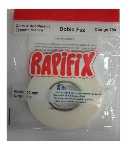 Cinta Doble Faz Espuma Blanca Rapifix 780 De 12 Mm X 5 Mts Color Espuma Blanca