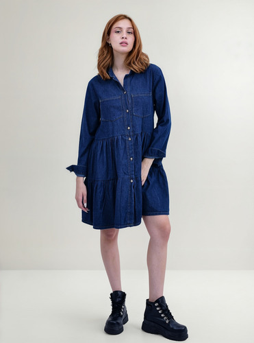 Vestido Jean More Volado En Falda, Botones Al Frente