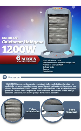 Estufa Halogena Giratoria 1200w 3 Velas Bajo Consumo Color Blanco