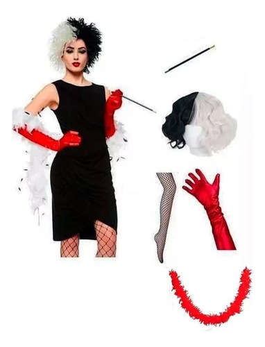 Kit Disfraz Cruella Peluca Guantes , Cigarro, Medias, Plumas