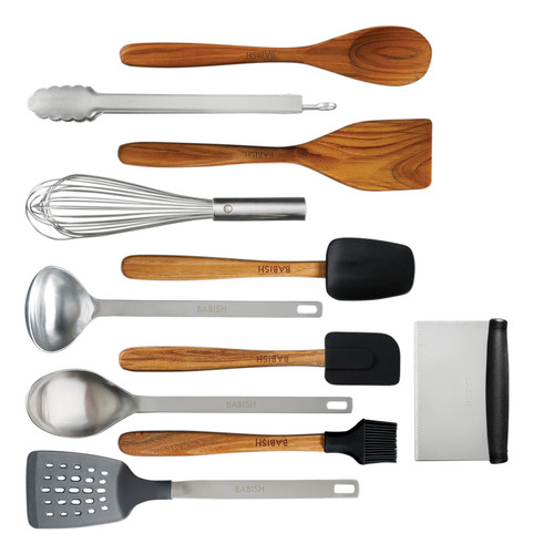 Babish - Juego De Herramientas Esenciales De Madera De Teca, Silicona Y Acero Inoxidable, 11 Piezas