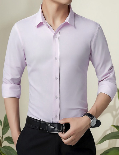 Camisa De Vestir Hombre Moda Slim Color Sólido Manga Larga