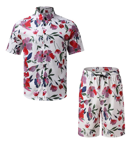 Conjunto Camisa Hawaiana Para Hombre Casual Boton Playa 2