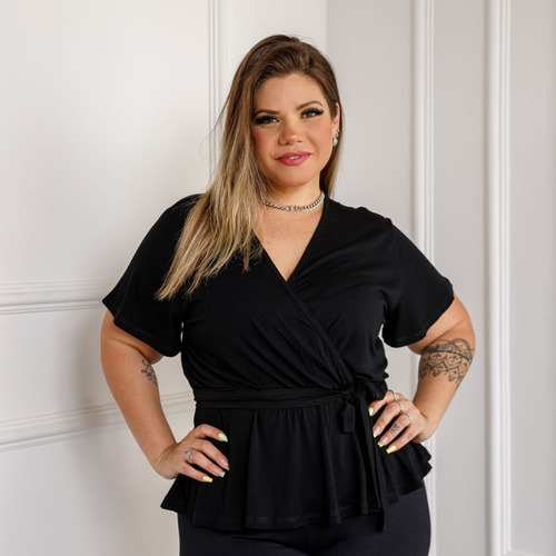 Blusa Feminina Transpassada Com Babado Manga Curta Plus Size