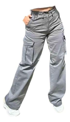 Pantalón Cargo Holgado Tiro Alto Bolsas Laterales Gris