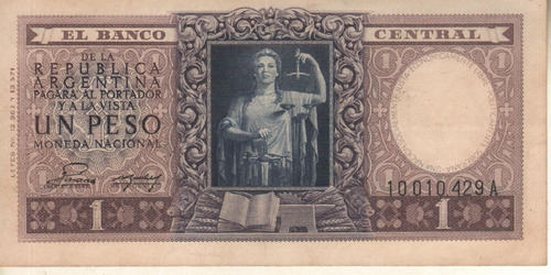 Bottero 1909 - Billete De 1 Peso Mon. Nac. Año 1952 - Vf