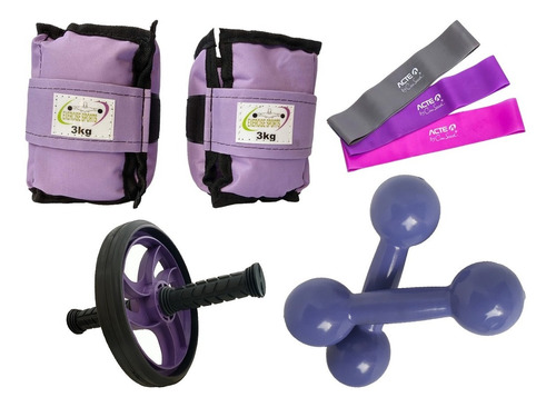 Halter 3kg + Caneleira 3kg + Roda Abdominal + Kit Mini Band.