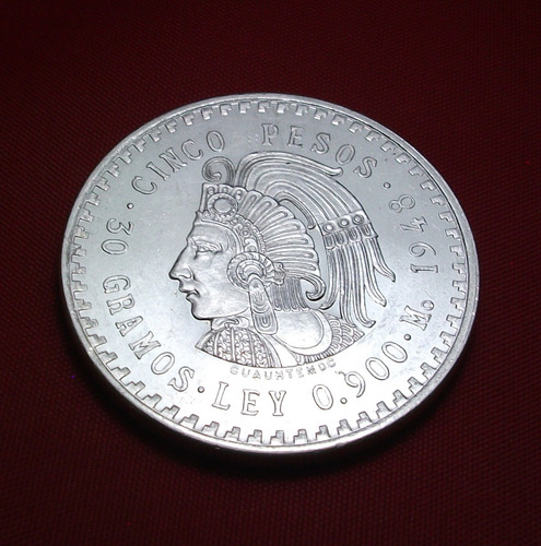 Moneda De Plata $5 1948 Cuauhtémoc En Su Capsula