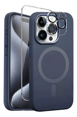 Funda Para Iphone Magsafe + Mica Pantalla + Mica Cámara Kit Azul Marino Iphone 14 Plus