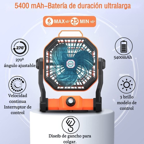 A Ventilador De Camping Recargable Con Luz Led Y Gancho
