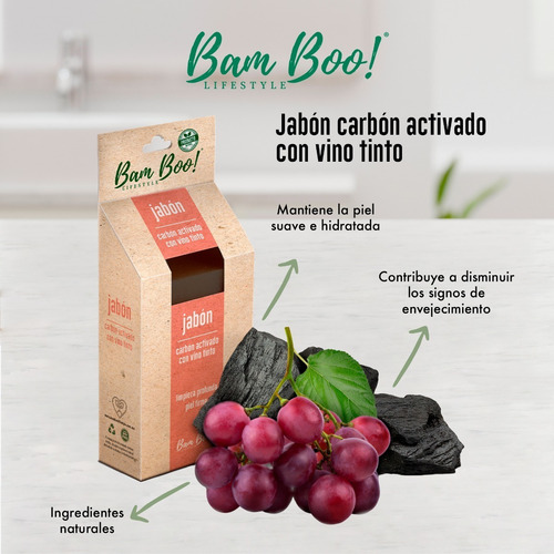 Imagen 4 de 9 de Jabon Artesanal Carbón Activado Y Vino Tinto 100 G Bam Boo!