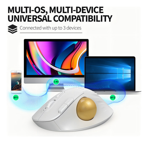 Delux Ratón Trackball Inalámbrico Bluetooth, 2400 Dpi Color Blanco