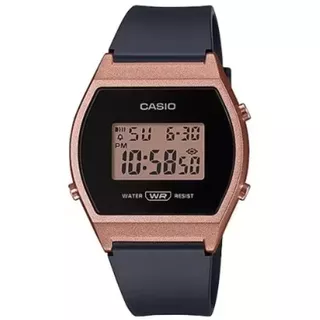 Reloj pulsera Casio Youth LW-204 de cuerpo color oro rosa, digital, fondo rosa, con correa de resina color negro, dial negro, minutero/segundero negro, bisel color oro rosa
